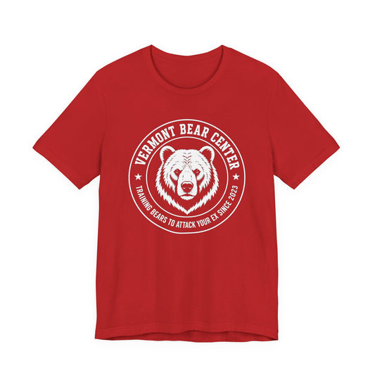 Red crewneck shirt with Bear Logo wrapped in text 'Vermont Bear Center', 'Training Bears to Attack your Ex Since 2023'