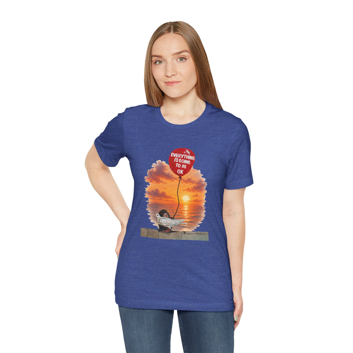 A short-sleeve t-shirt with a graphic print of a monkey hugging a dove while holding a red balloon that says 'EVERYTHING IS GOING TO BE OK'.