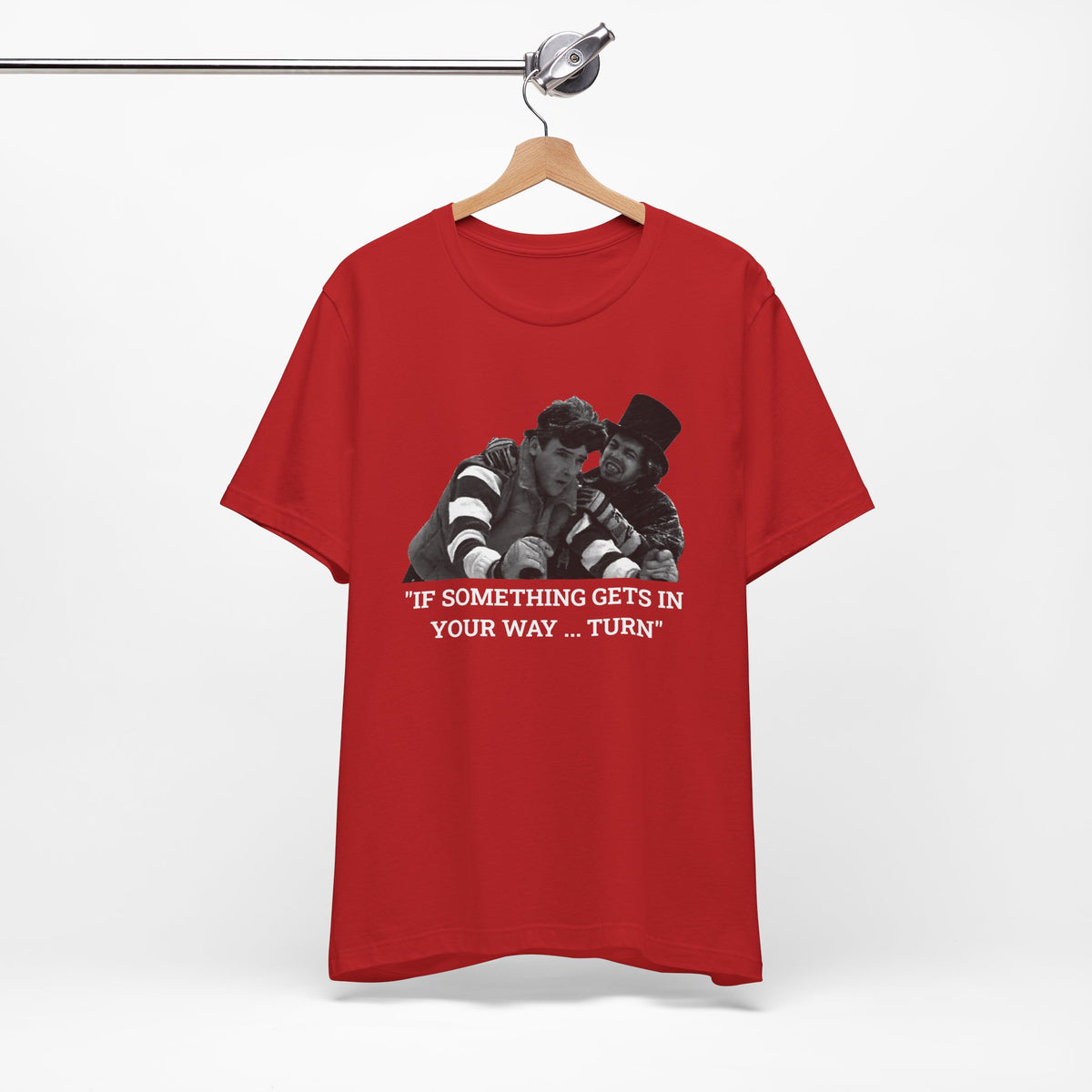 A red short-sleeve t-shirt with a graphic from Better Off Dead.