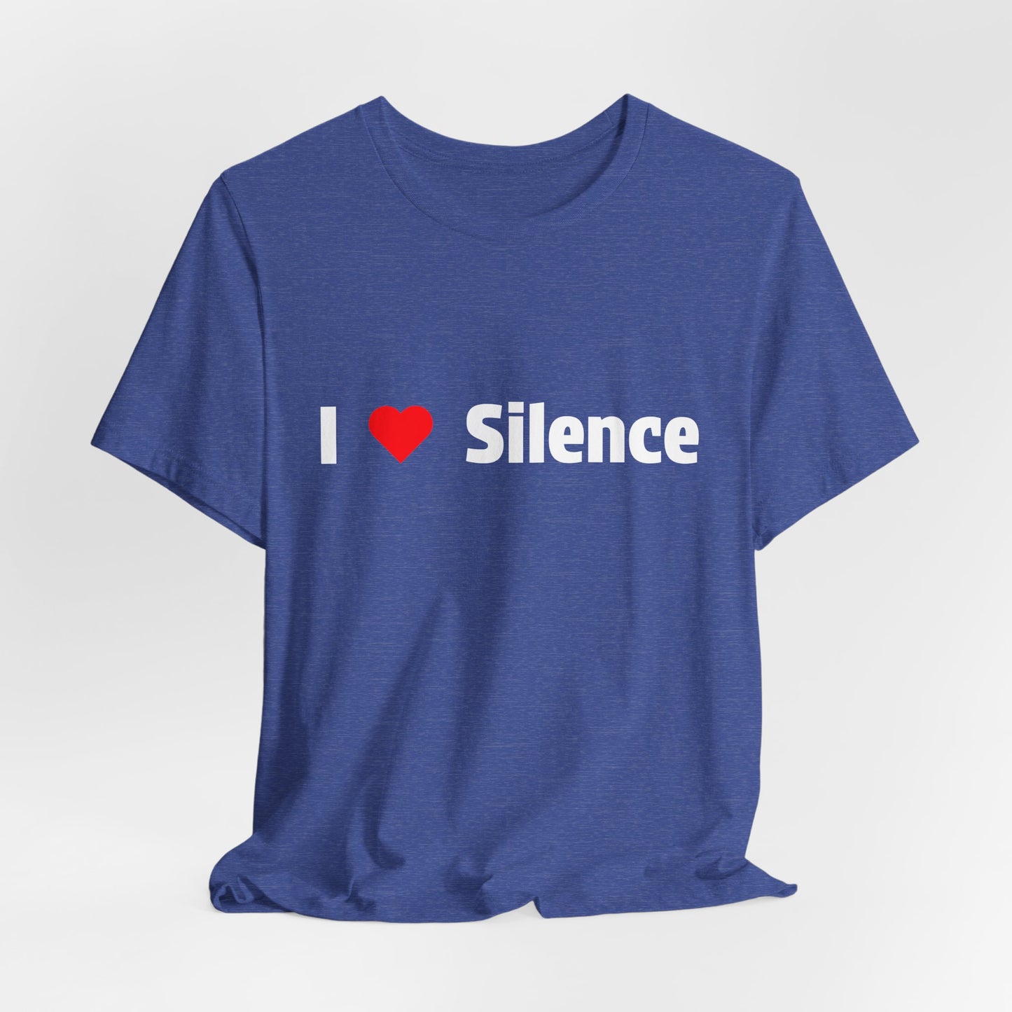 A heather blue short-sleeve t-shirt with a graphic print reading 'I Love Silence'.