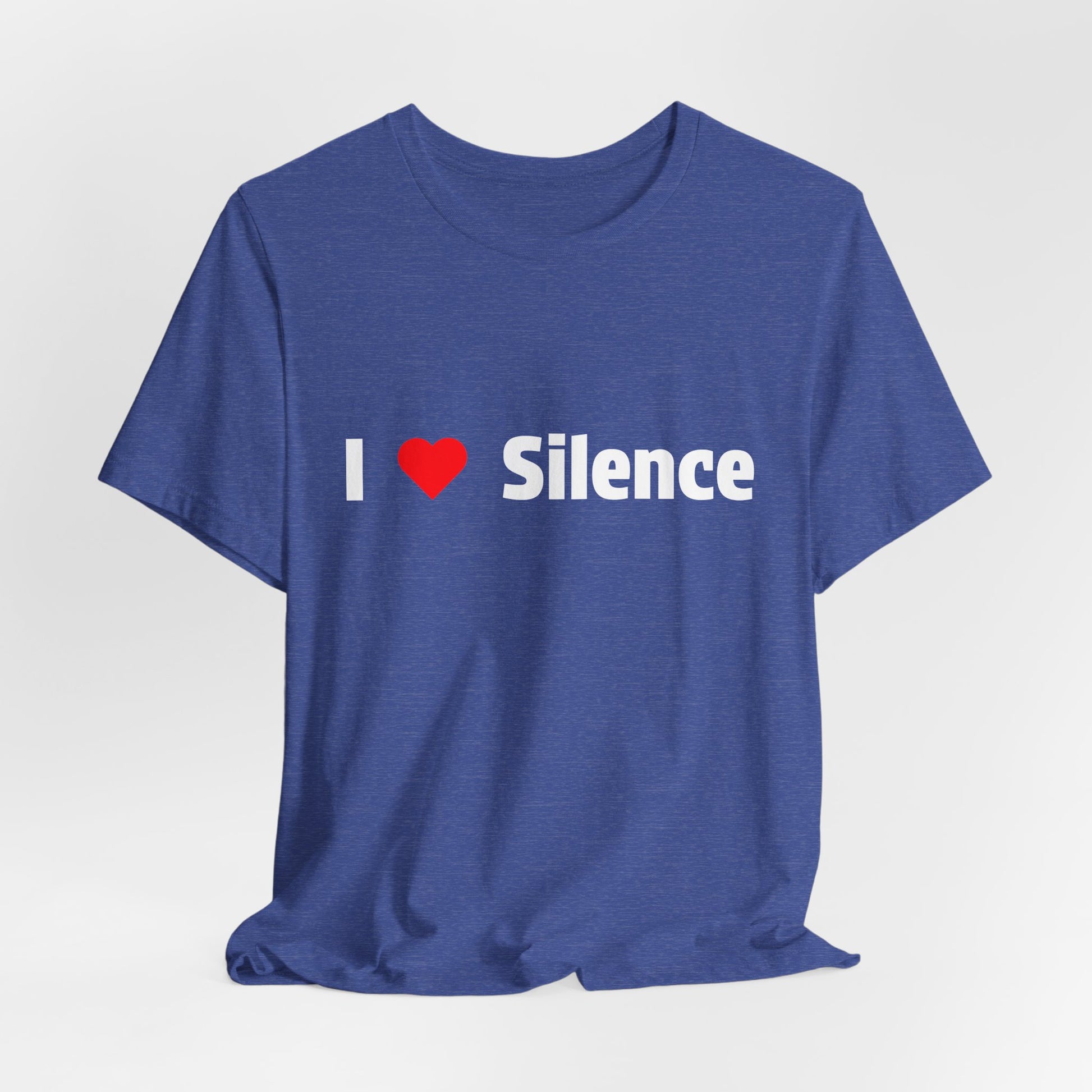 A heather blue short-sleeve t-shirt with a graphic print reading 'I Love Silence'.