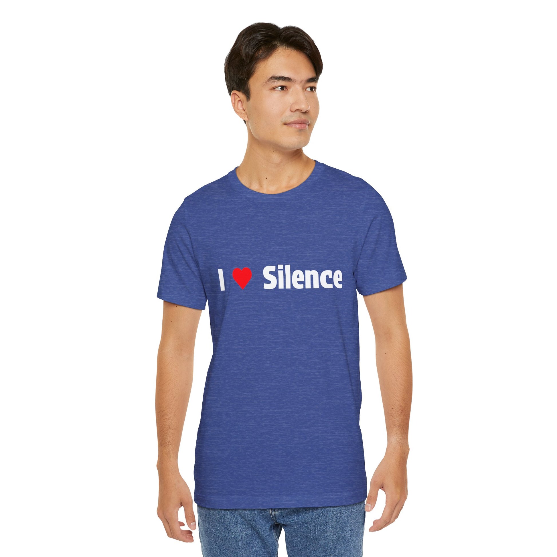Man wearing a heather blue t-shirt with text reading 'I Love Silence'