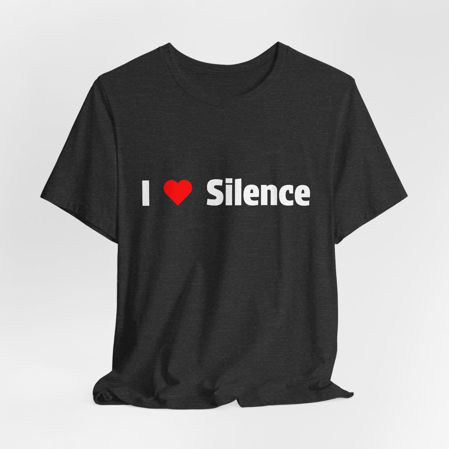 A heather gray t-shirt with a graphic print reading 'I Love Silence'.