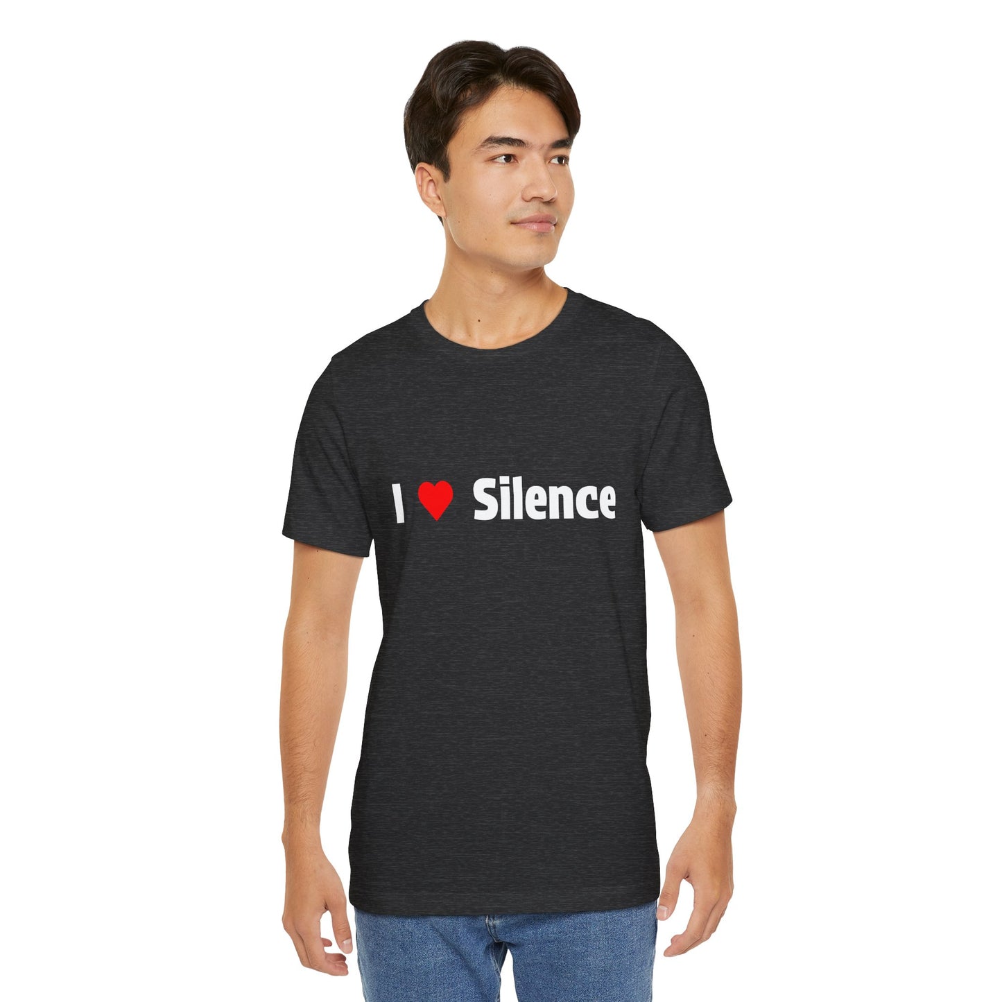Man wearing a maroon t-shirt with 'I Love Silence' text in white.