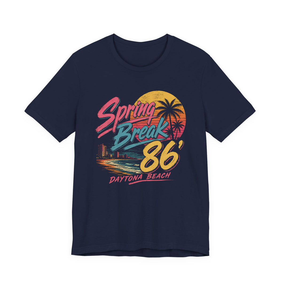 A crewneck t-shirt featuring a colorful retro graphic on the front that reads 'Spring Break 86 Daytona Beach' with a sunset and palm tree design.