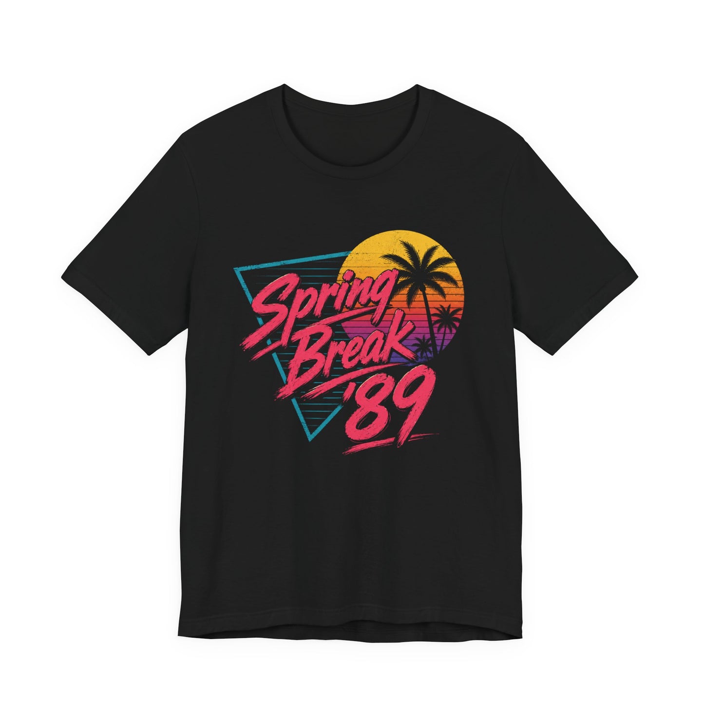 A black short-sleeve t-shirt featuring a retro 1980s-style graphic on the front with the text 'Spring Break '89' in pink and orange, overlaid on a yellow, orange, and purple sunset and palm tree design.