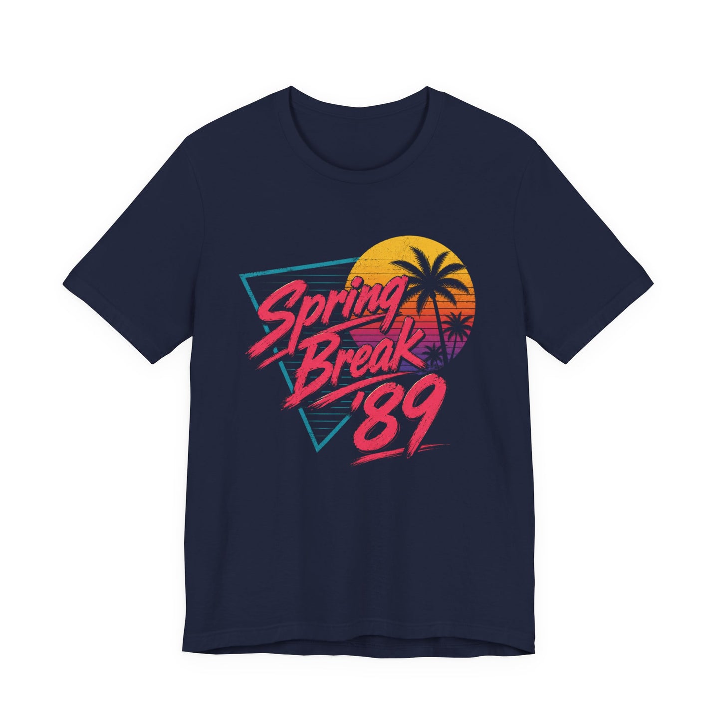 A navy blue short-sleeve t-shirt with a retro 1989 'Spring Break' graphic on the front, featuring palm trees and a sunset in yellow, orange, and pink.