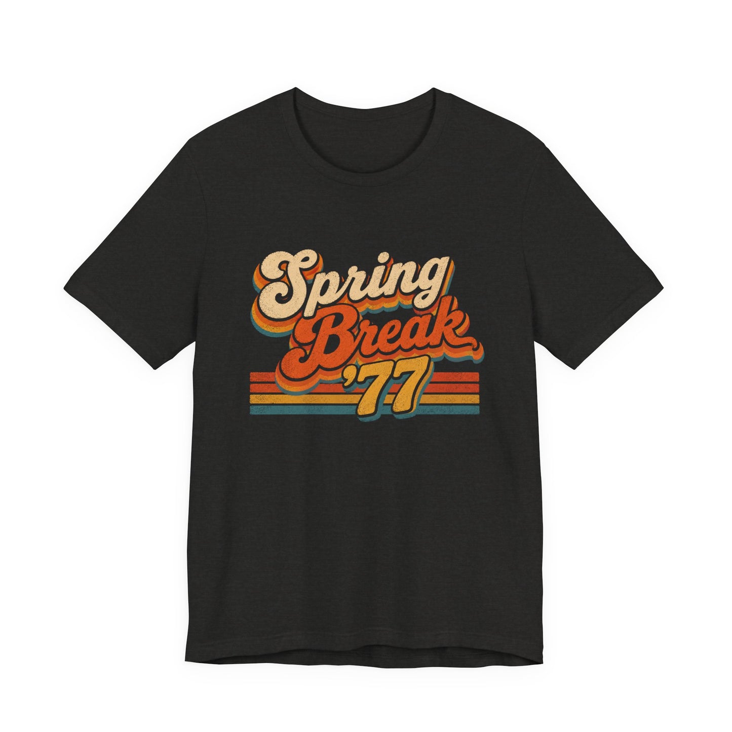 A black short-sleeve t-shirt with a retro-style 'Spring Break '77' graphic on the chest.