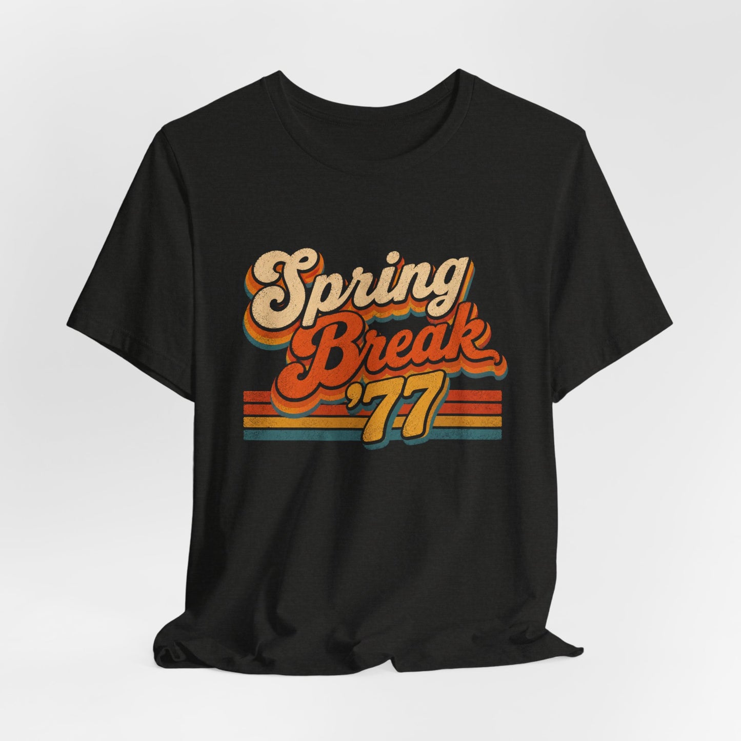 A black short-sleeve t-shirt with a retro-style 'Spring Break '77' graphic on the chest.