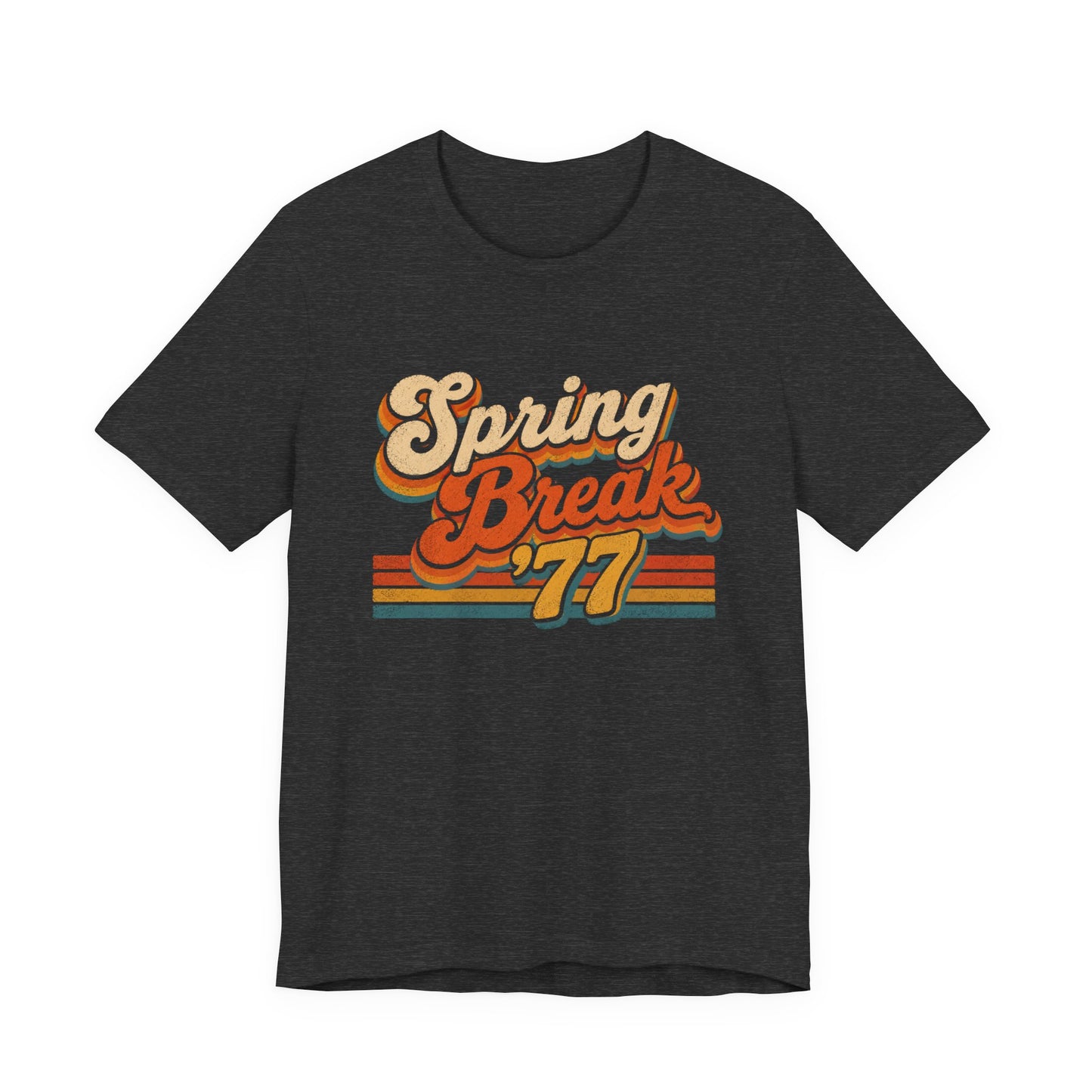 A heather gray short-sleeve t-shirt with a retro-style graphic reading 'Spring Break '77' in orange, yellow, and cream colors.