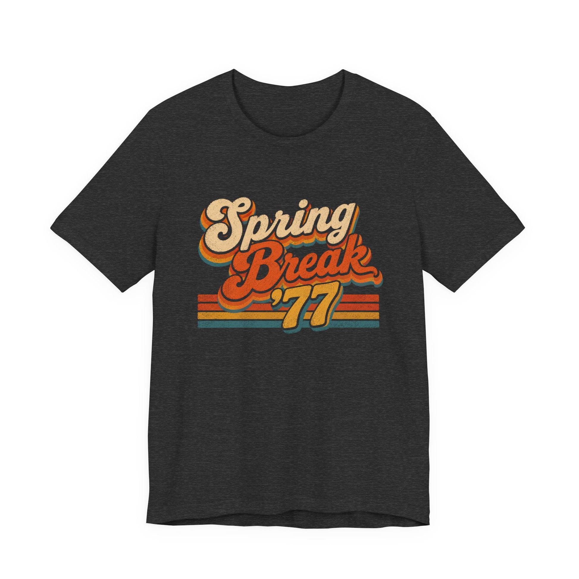 A heather gray short-sleeve t-shirt with a retro-style graphic reading 'Spring Break '77' in orange, yellow, and cream colors.