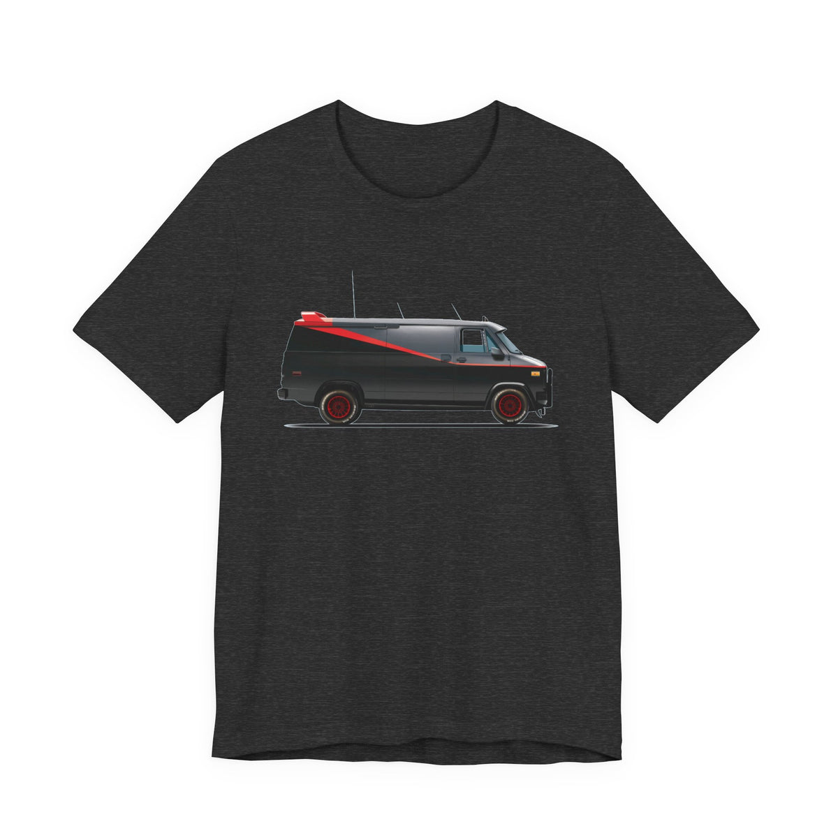 A short-sleeve crewneck t-shirt featuring a graphic print of the Adventure Team Van with a red stripe on the side.