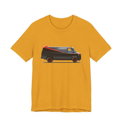 A short-sleeve crewneck t-shirt featuring a graphic print of the Adventure Team Van with a red stripe on the side.