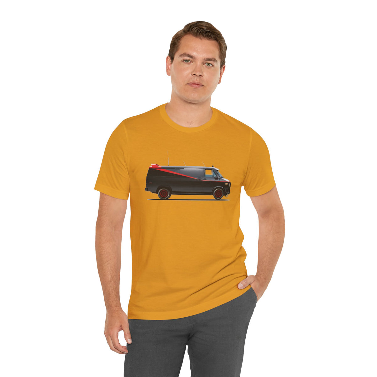 A short-sleeve crewneck t-shirt featuring a graphic print of the Adventure Team Van with a red stripe on the side.