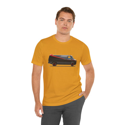 A short-sleeve crewneck t-shirt featuring a graphic print of the Adventure Team Van with a red stripe on the side.