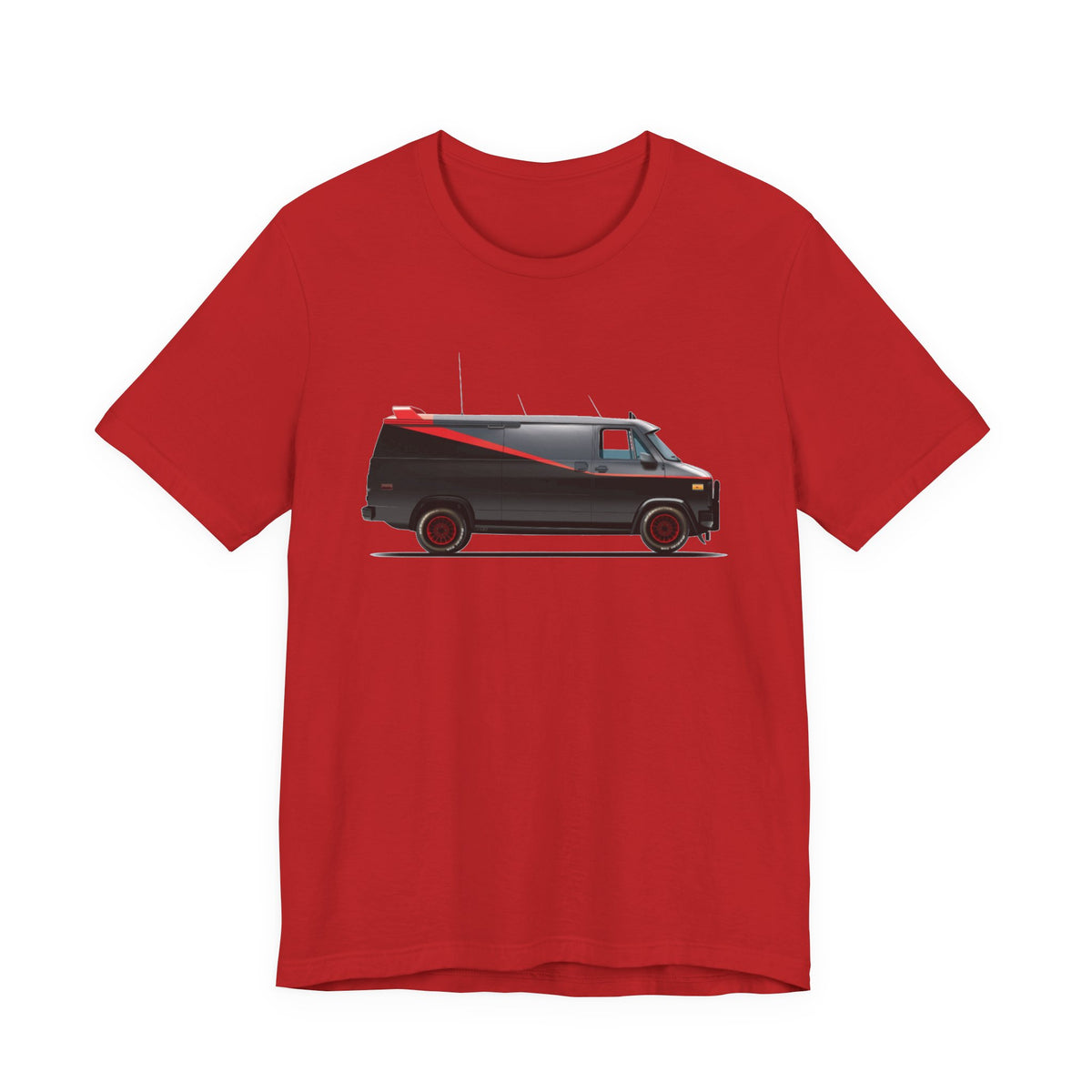 A short-sleeve crewneck t-shirt featuring a graphic print of the Adventure Team Van with a red stripe on the side.