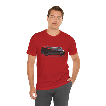 A short-sleeve crewneck t-shirt featuring a graphic print of the Adventure Team Van with a red stripe on the side.