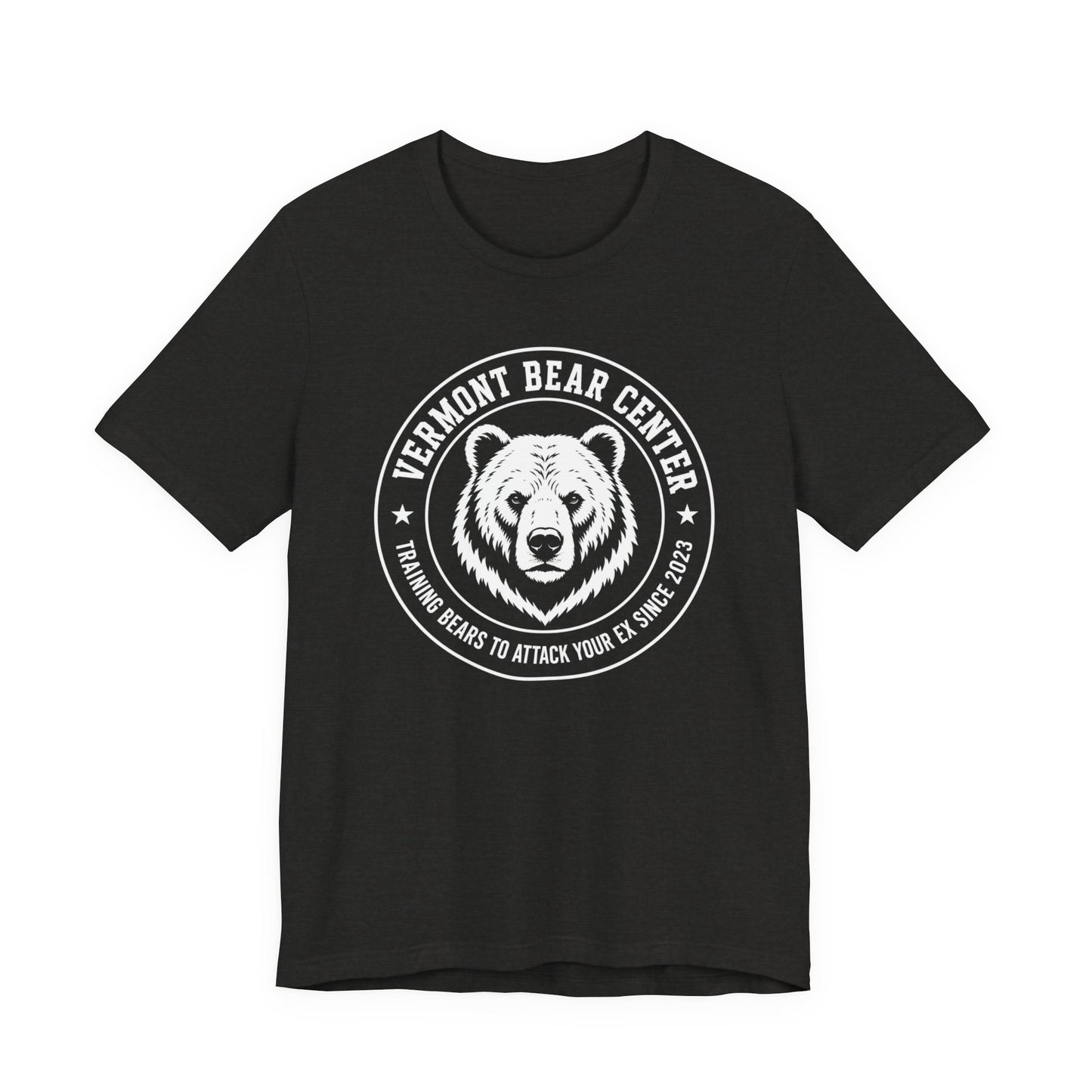 Black crewneck shirt with Bear Logo wrapped in text 'Vermont Bear Center', 'Training Bears to Attack your Ex Since 2023'