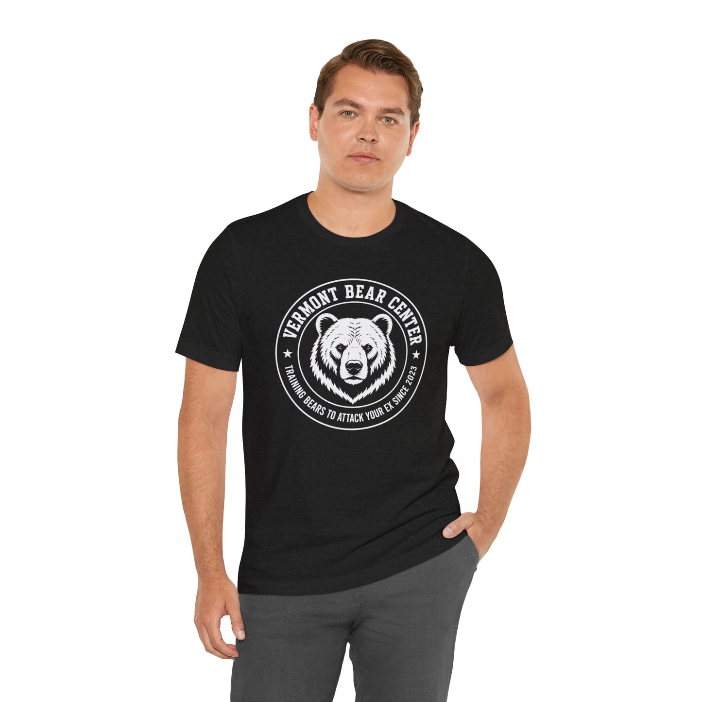 Black crewneck shirt with Bear Logo wrapped in text 'Vermont Bear Center', 'Training Bears to Attack your Ex Since 2023'