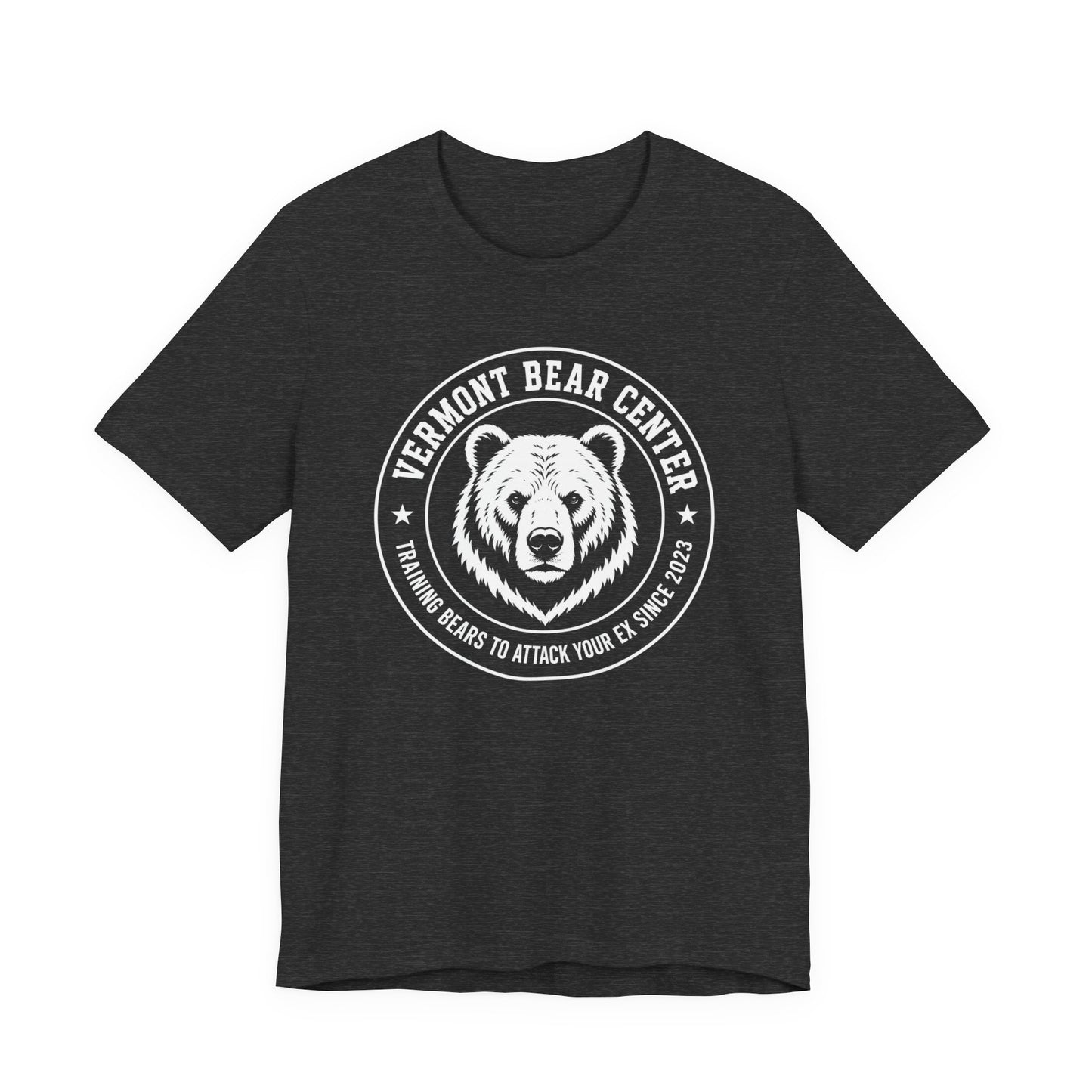 Heather gray crewneck shirt with Bear Logo wrapped in text 'Vermont Bear Center', 'Training Bears to Attack your Ex Since 2023'