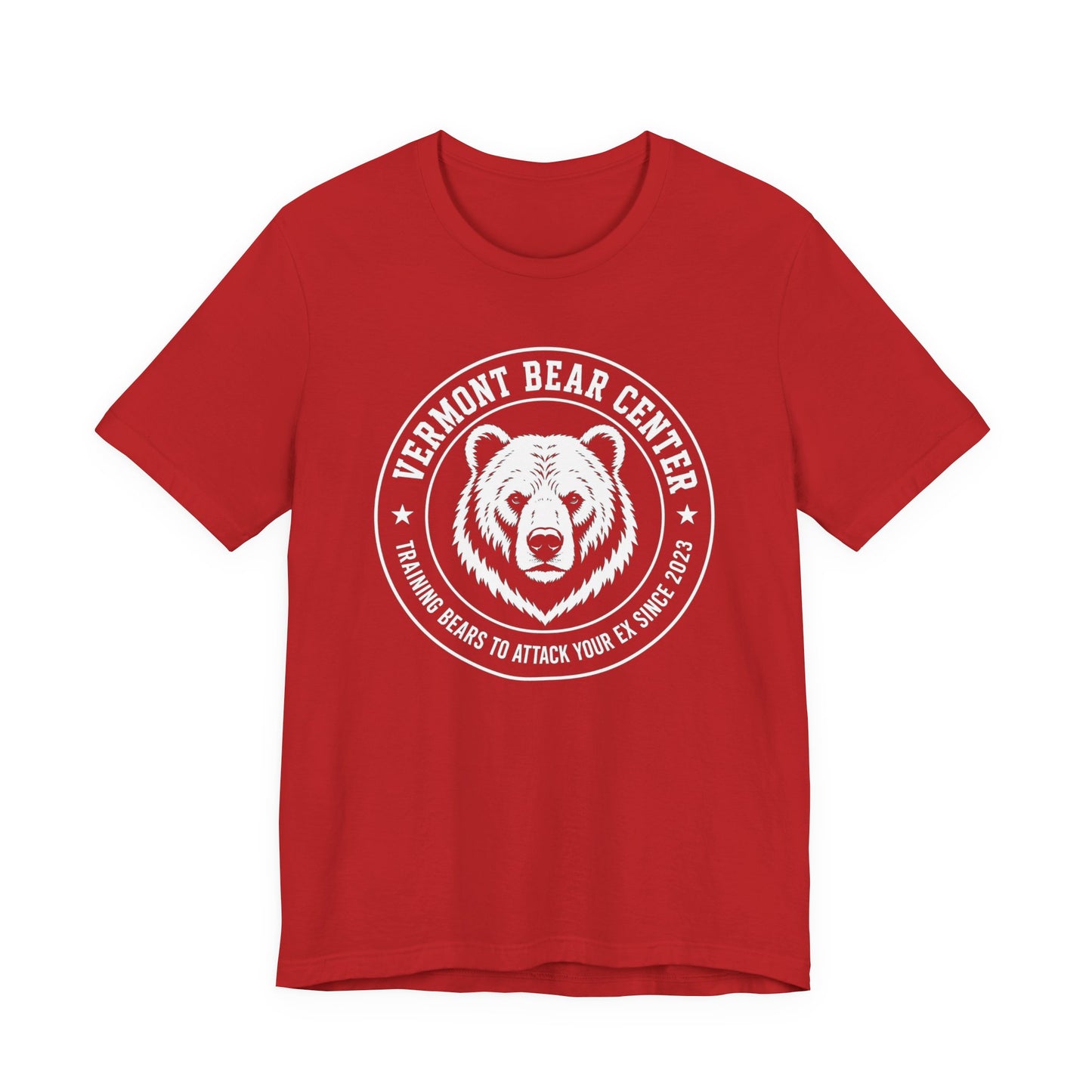 Red crewneck shirt with Bear Logo wrapped in text 'Vermont Bear Center', 'Training Bears to Attack your Ex Since 2023'