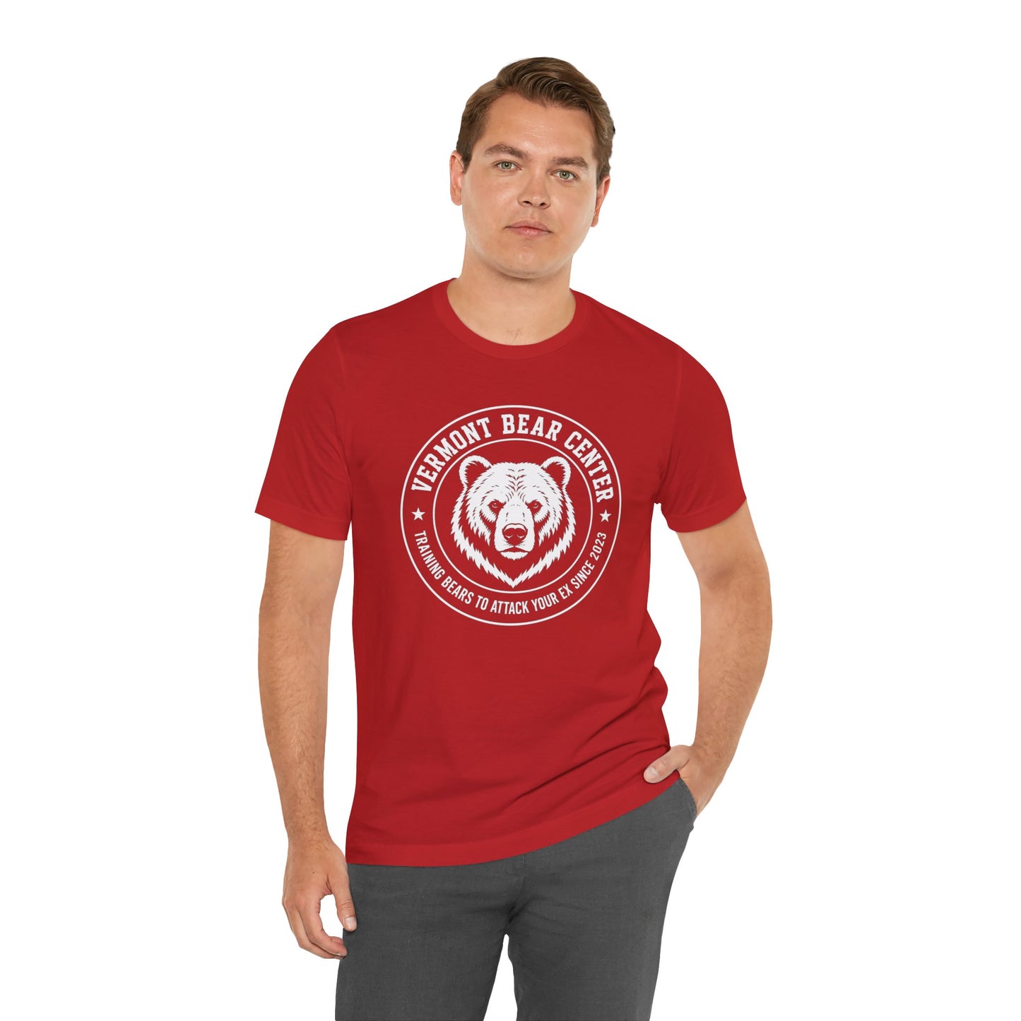Red crewneck shirt with Bear Logo wrapped in text 'Vermont Bear Center', 'Training Bears to Attack your Ex Since 2023'
