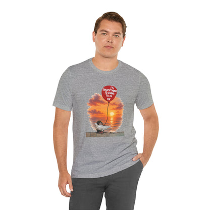 A short-sleeve t-shirt with a graphic print of a monkey hugging a dove while holding a red balloon that says 'EVERYTHING IS GOING TO BE OK'.