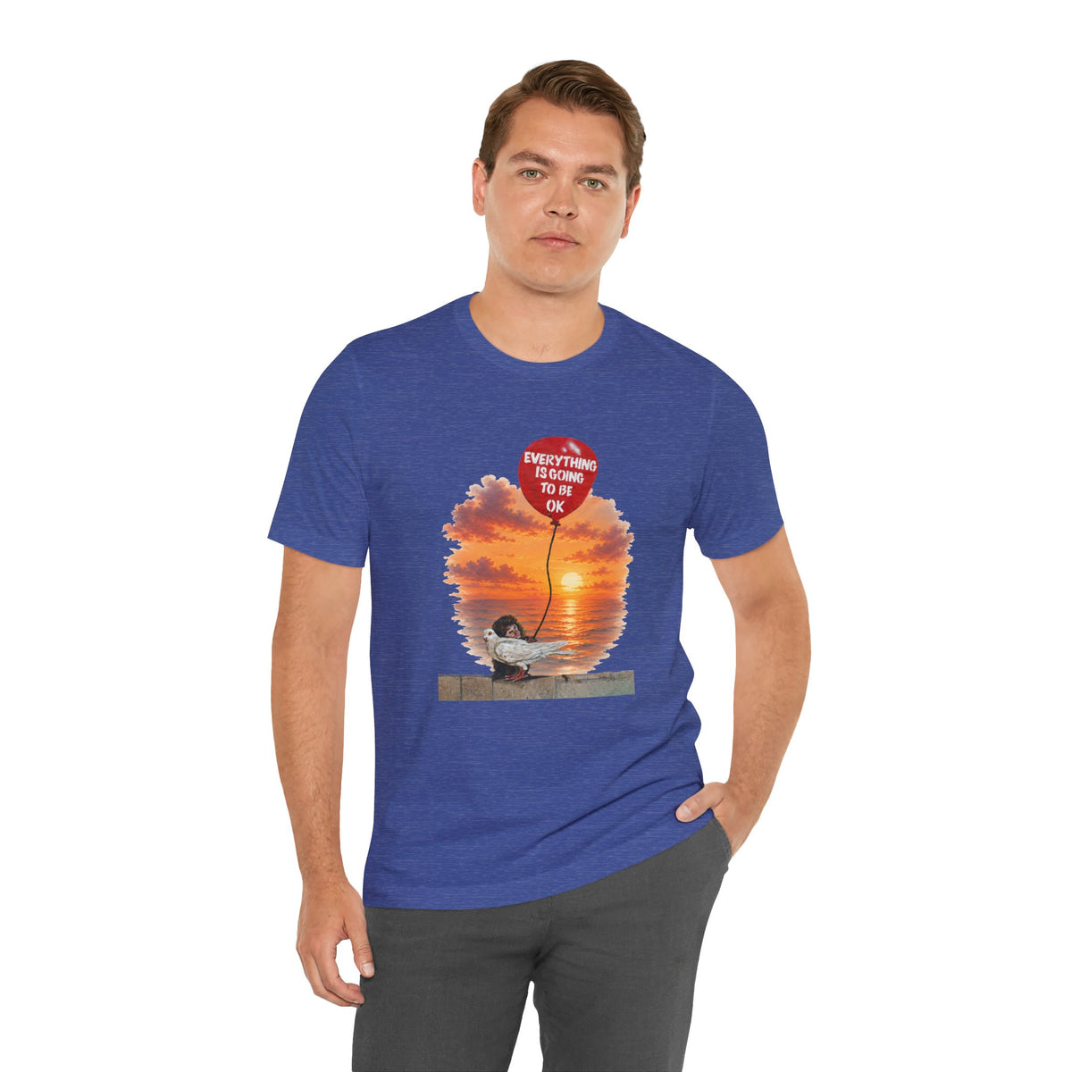 A short-sleeve t-shirt with a graphic print of a monkey hugging a dove while holding a red balloon that says 'EVERYTHING IS GOING TO BE OK'.