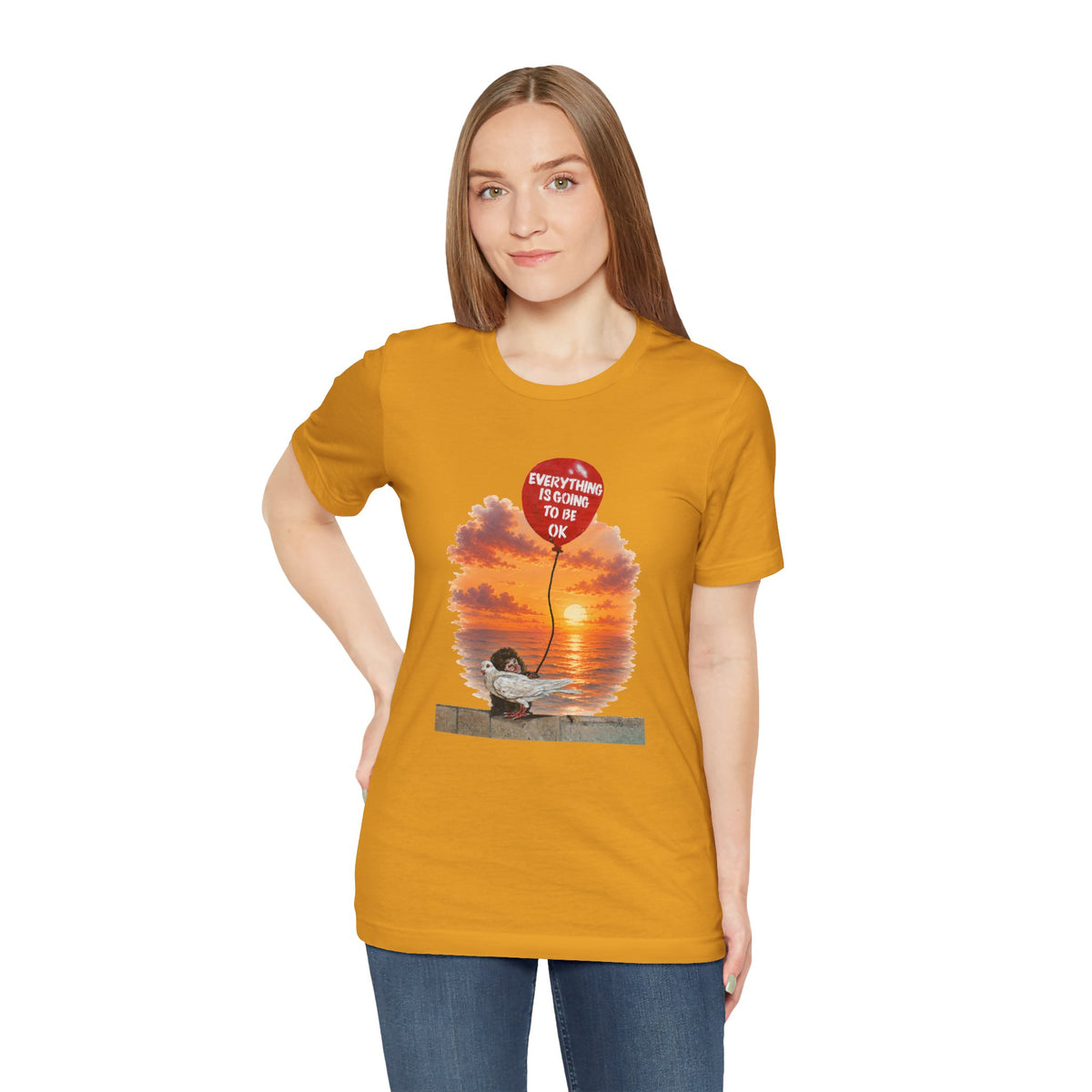 A short-sleeve t-shirt with a graphic print of a monkey hugging a dove while holding a red balloon that says 'EVERYTHING IS GOING TO BE OK'.