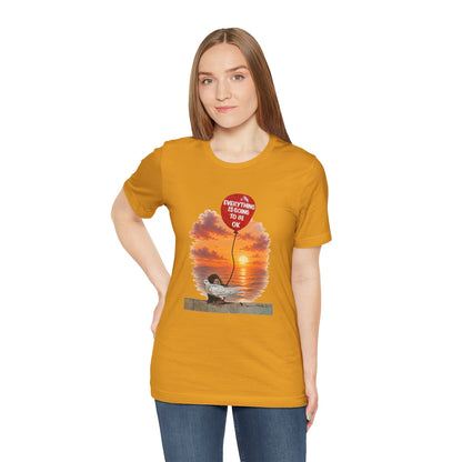 A short-sleeve t-shirt with a graphic print of a monkey hugging a dove while holding a red balloon that says 'EVERYTHING IS GOING TO BE OK'.