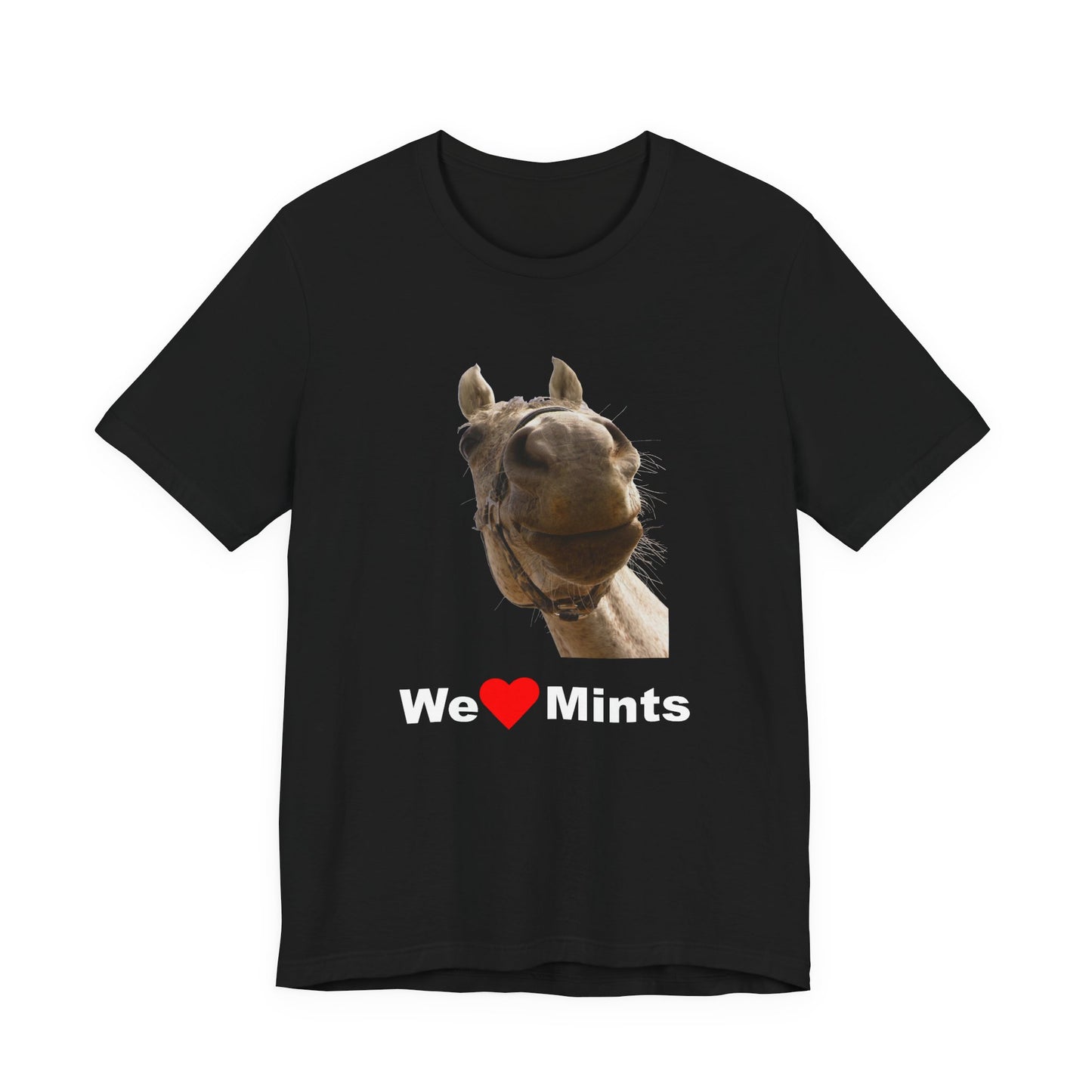 Black short-sleeve t-shirt featuring a graphic of a horse's face above the text 'We Love Mints'.