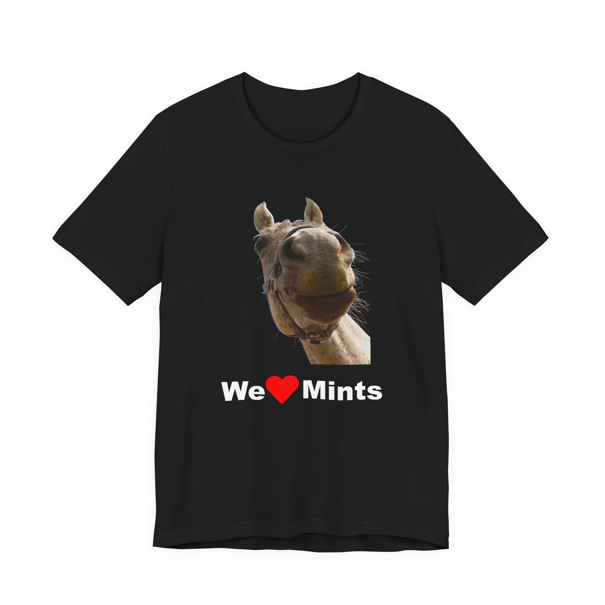 Black short-sleeve t-shirt featuring a graphic of a horse's face above the text 'We Love Mints'.