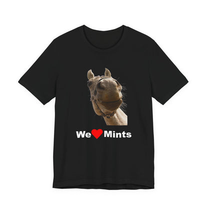 Black short-sleeve t-shirt featuring a graphic of a horse's face above the text 'We Love Mints'.