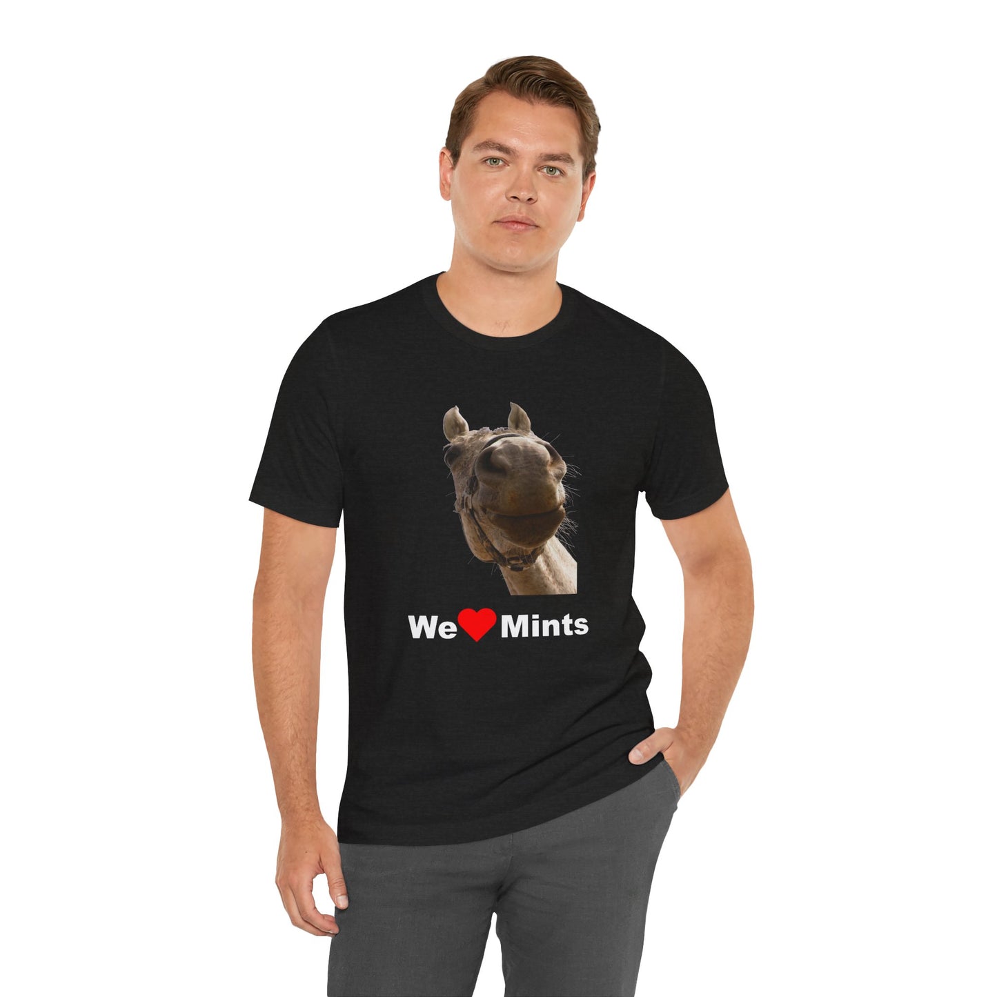 Black short-sleeve t-shirt featuring a graphic of a horse's face above the text 'We Love Mints'.