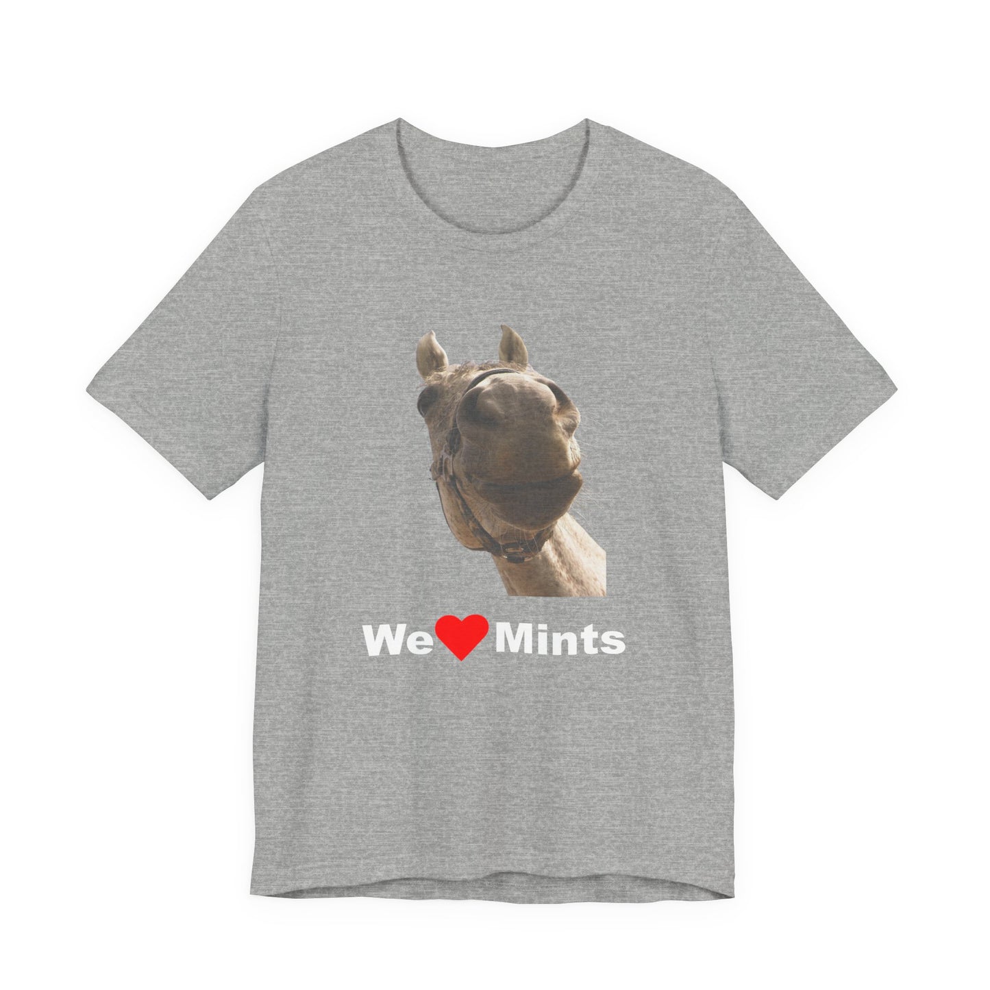 Gray short-sleeve t-shirt featuring a graphic of a horse's face above the text 'We Love Mints'.