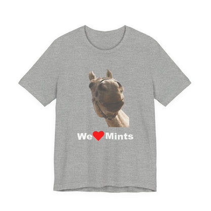 Gray short-sleeve t-shirt featuring a graphic of a horse's face above the text 'We Love Mints'.