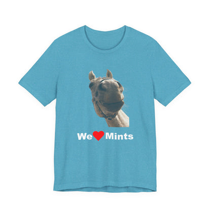 Aqua short-sleeve t-shirt featuring a graphic of a horse's face above the text 'We Love Mints'.