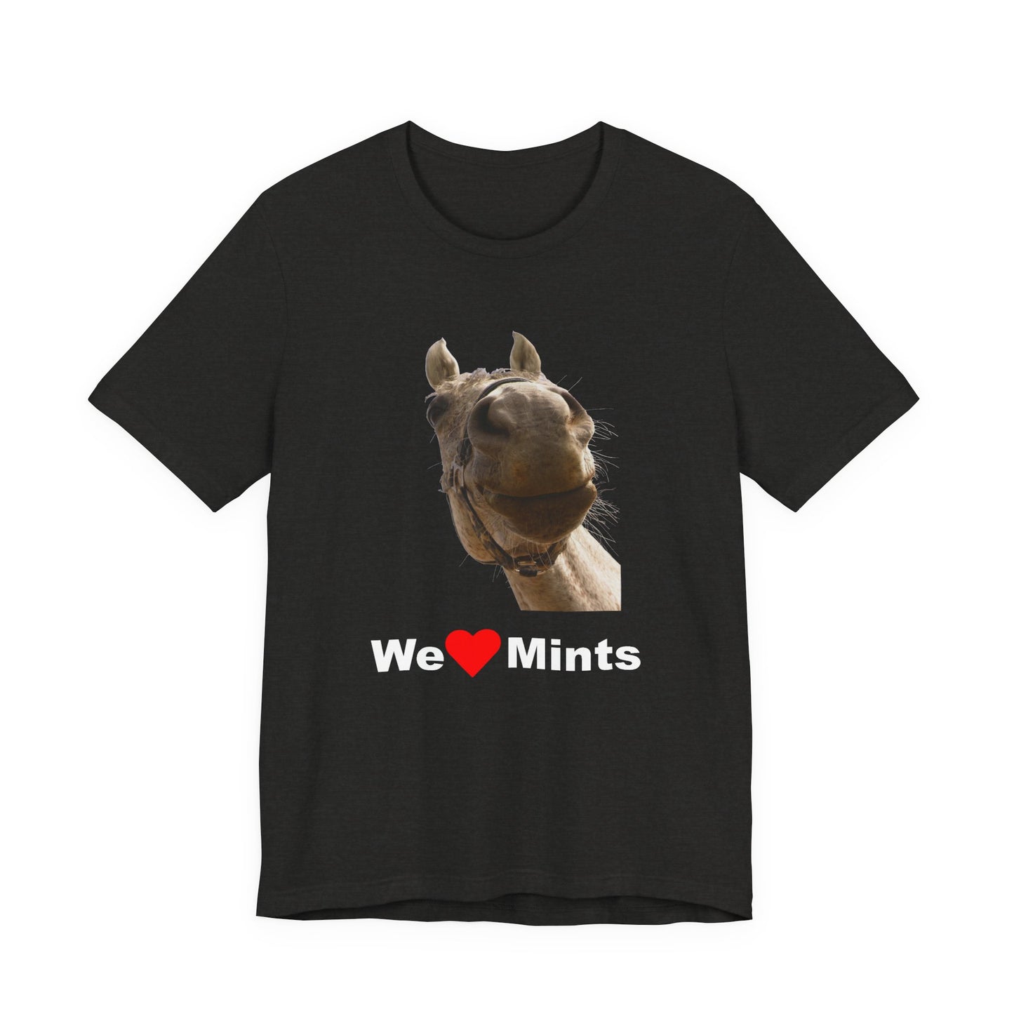 Heather black short-sleeve t-shirt featuring a graphic of a horse's face above the text 'We Love Mints'.