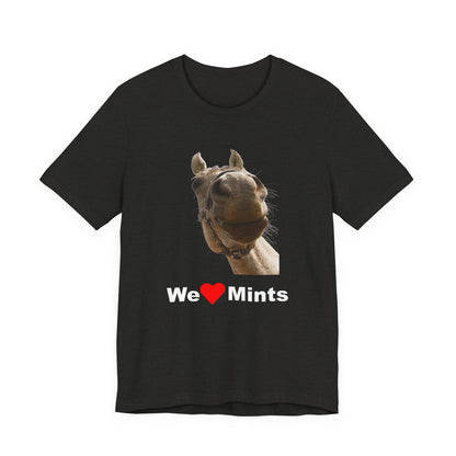 Heather black short-sleeve t-shirt featuring a graphic of a horse's face above the text 'We Love Mints'.