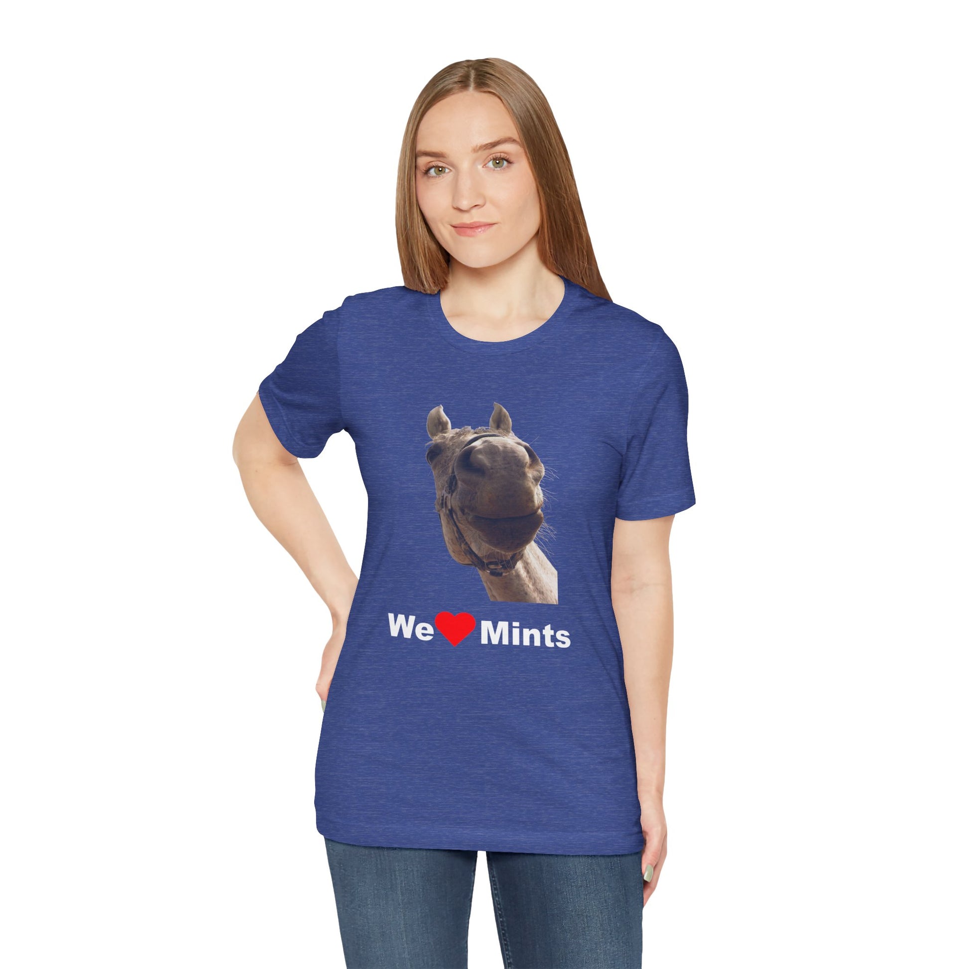 Heather blue short-sleeve t-shirt featuring a graphic of a horse's face above the text 'We Love Mints'.