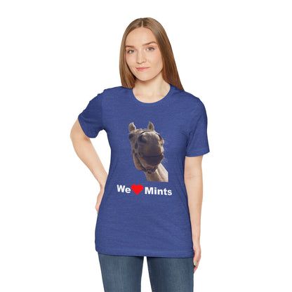 Heather blue short-sleeve t-shirt featuring a graphic of a horse's face above the text 'We Love Mints'.