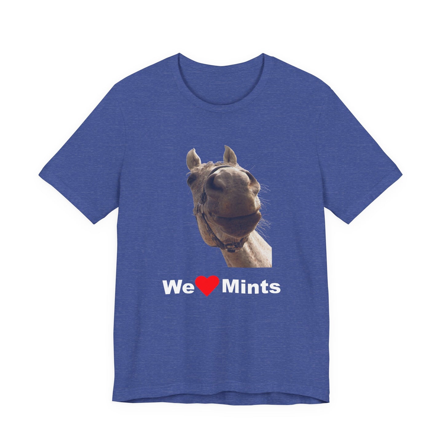 Heather blue short-sleeve t-shirt featuring a graphic of a horse's face above the text 'We Love Mints'.