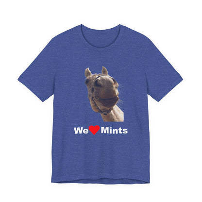 Heather blue short-sleeve t-shirt featuring a graphic of a horse's face above the text 'We Love Mints'.