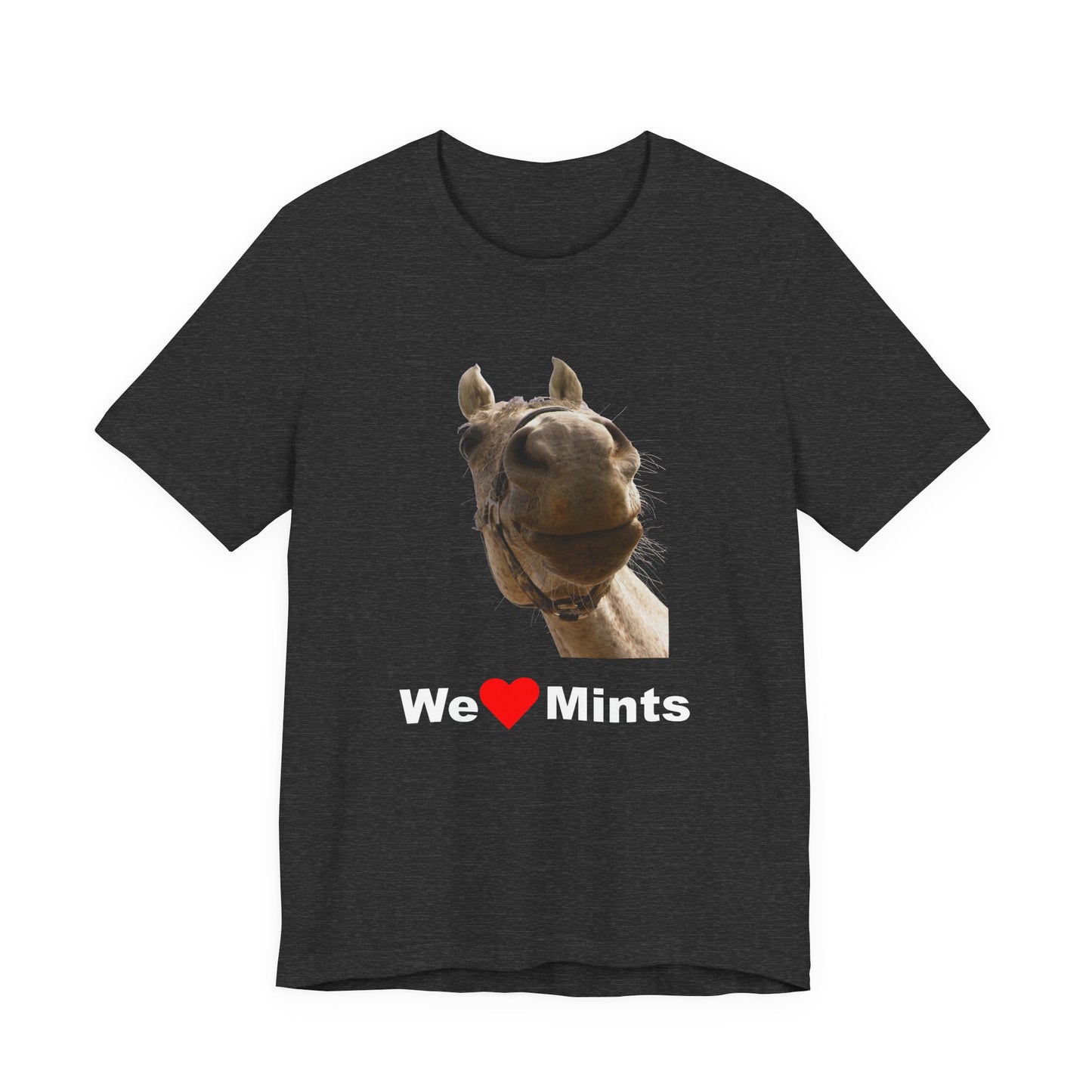 Heather gray short-sleeve t-shirt featuring a graphic of a horse's face above the text 'We Love Mints'.