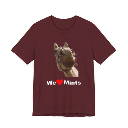 Maroon short-sleeve t-shirt featuring a graphic of a horse's face above the text 'We Love Mints'.