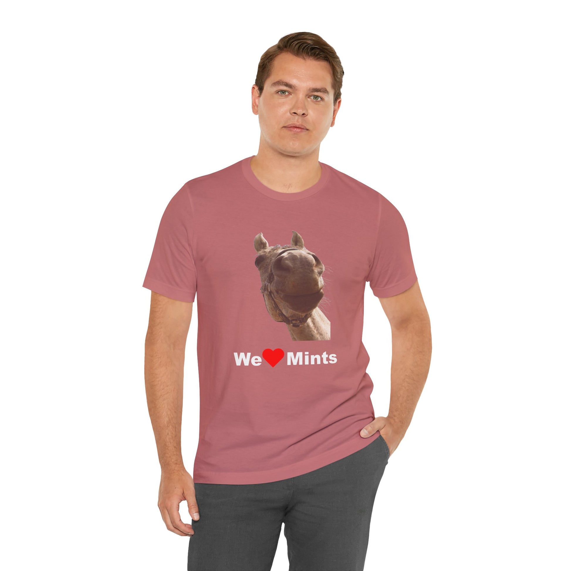 Heather pink short-sleeve t-shirt featuring a graphic of a horse's face above the text 'We Love Mints'.