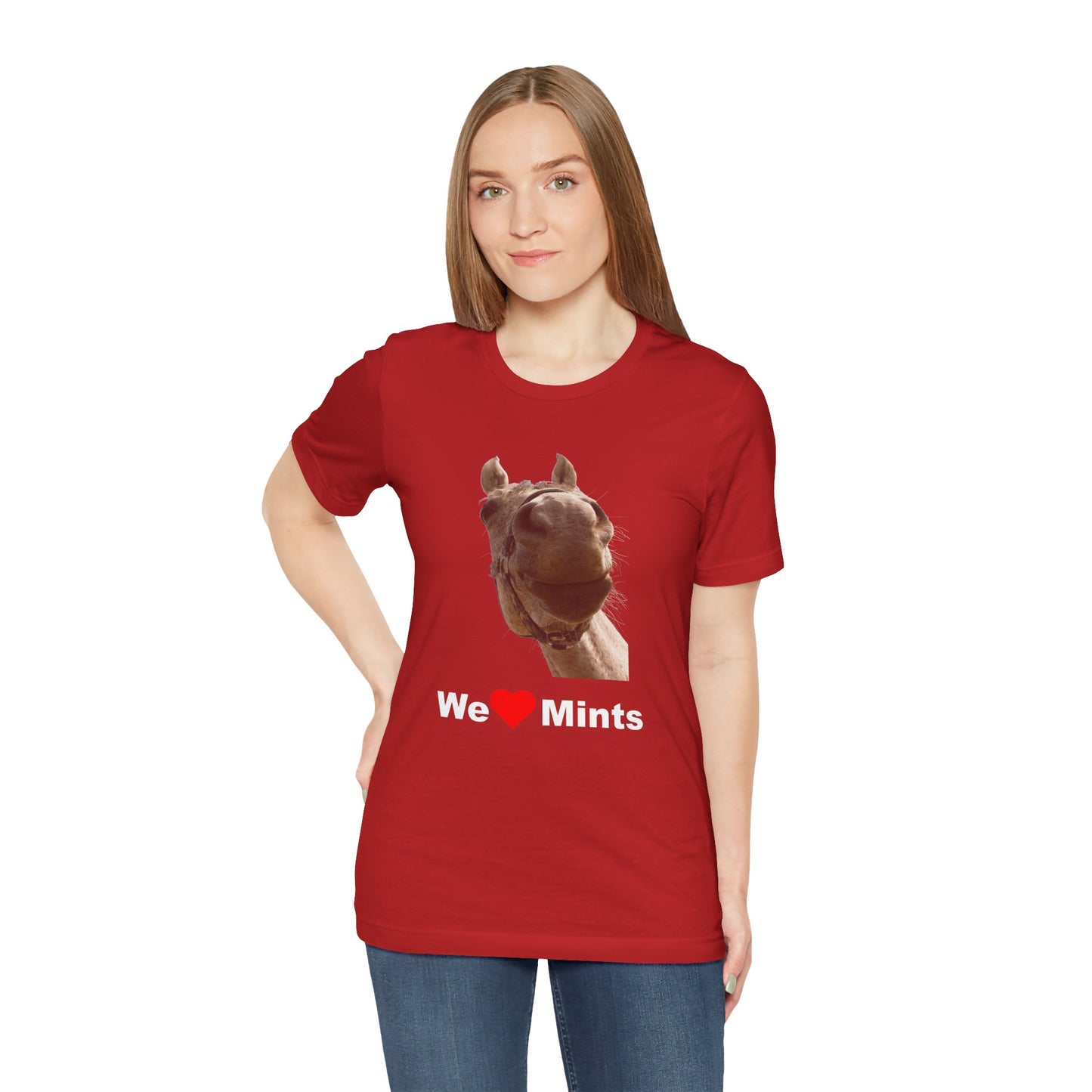Red short-sleeve t-shirt featuring a graphic of a horse's face above the text 'We Love Mints'.