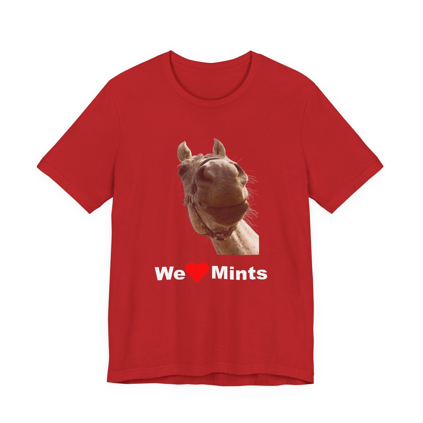 Red short-sleeve t-shirt featuring a graphic of a horse's face above the text 'We Love Mints'.