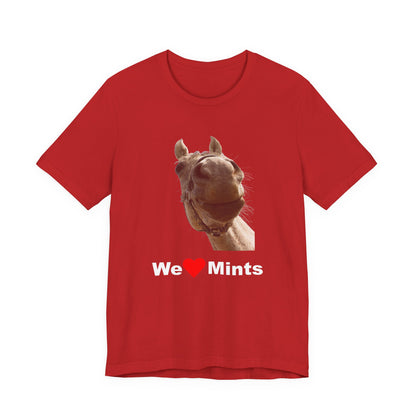 Red short-sleeve t-shirt featuring a graphic of a horse's face above the text 'We Love Mints'.
