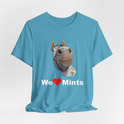 An aqua short-sleeve t-shirt featuring a graphic of a horse's face above the text 'We Love Mints'.